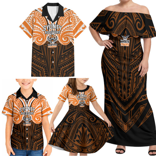 Custom Wests Tigers Family Matching Off Shoulder Maxi Dress and Hawaiian Shirt TigerWarrior Polynesia Islander Rugby Mascot