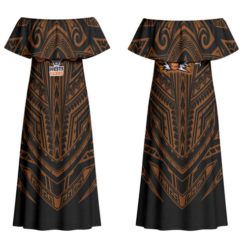 Custom Wests Tigers Family Matching Off Shoulder Maxi Dress and Hawaiian Shirt TigerWarrior Polynesia Islander Rugby Mascot