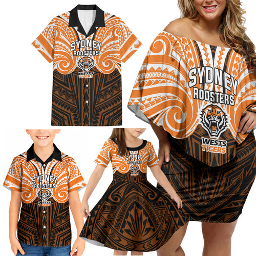 Custom Wests Tigers Family Matching Off Shoulder Short Dress and Hawaiian Shirt TigerWarrior Polynesia Islander Rugby Mascot