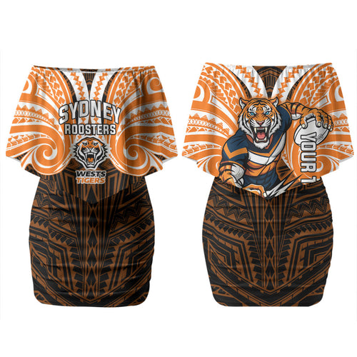 Custom Wests Tigers Family Matching Off Shoulder Short Dress and Hawaiian Shirt TigerWarrior Polynesia Islander Rugby Mascot