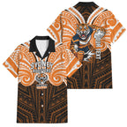 Custom Wests Tigers Family Matching Off Shoulder Short Dress and Hawaiian Shirt TigerWarrior Polynesia Islander Rugby Mascot