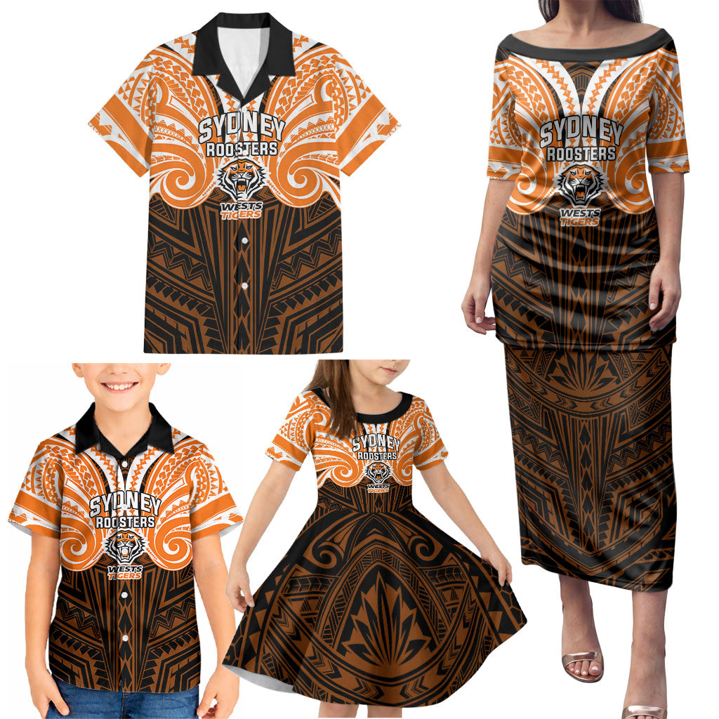 Custom Wests Tigers Family Matching Puletasi and Hawaiian Shirt TigerWarrior Polynesia Islander Rugby Mascot