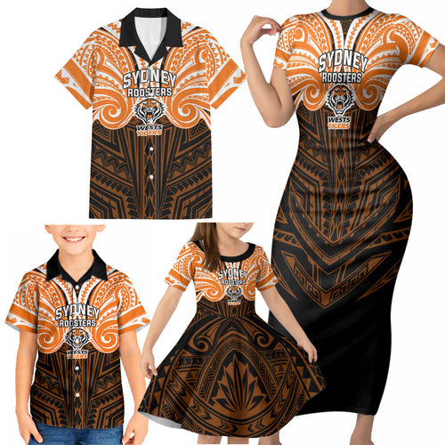 Custom Wests Tigers Family Matching Short Sleeve Bodycon Dress and Hawaiian Shirt TigerWarrior Polynesia Islander Rugby Mascot