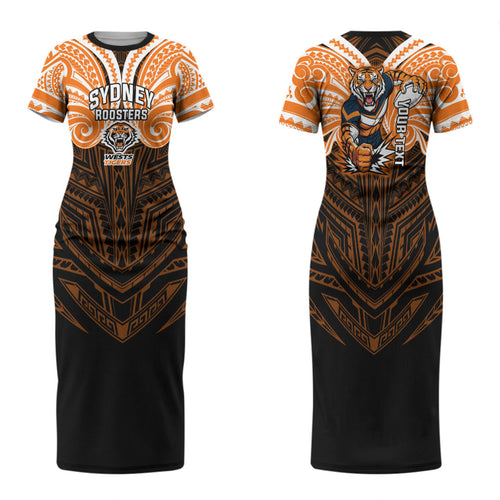 Custom Wests Tigers Family Matching Short Sleeve Bodycon Dress and Hawaiian Shirt TigerWarrior Polynesia Islander Rugby Mascot
