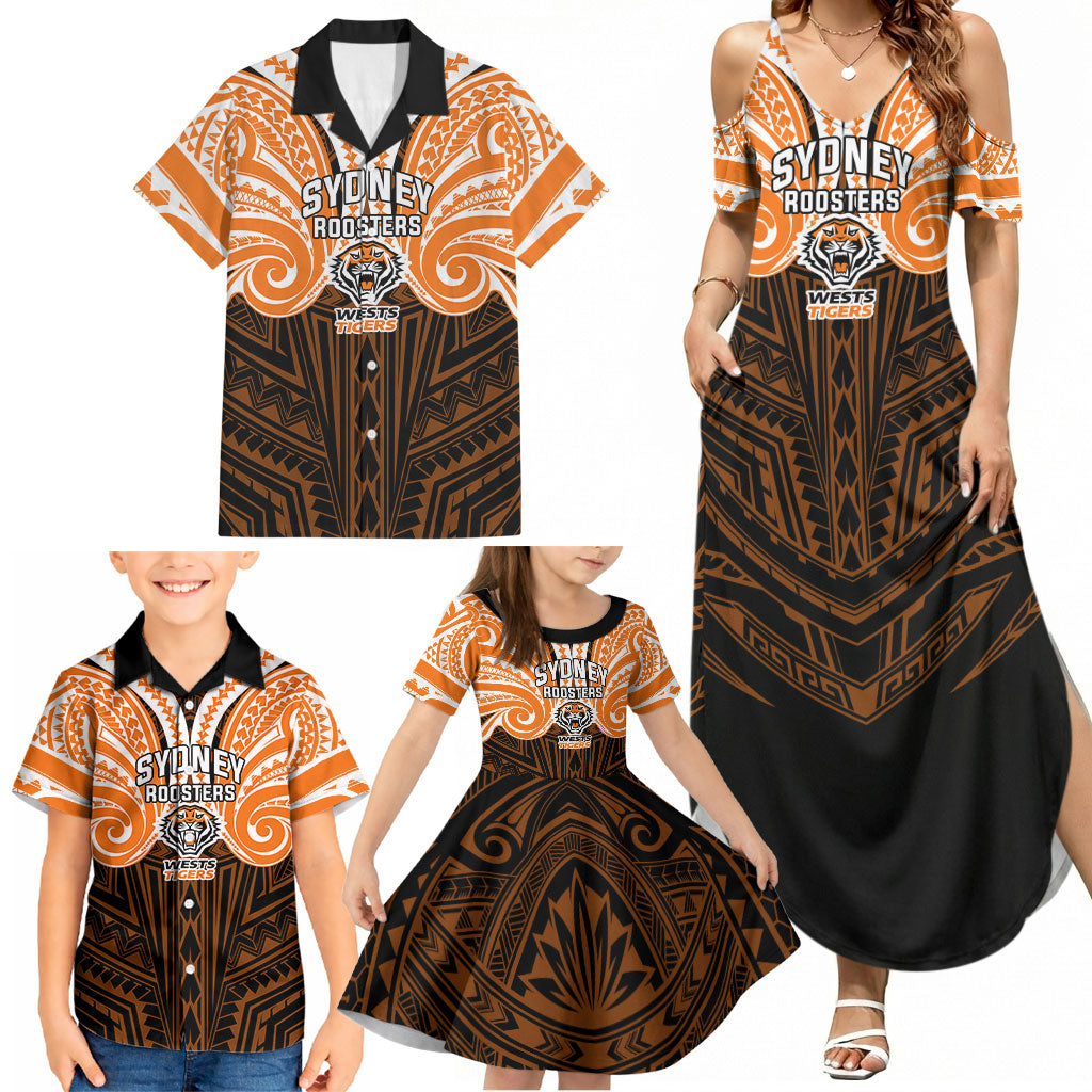 Custom Wests Tigers Family Matching Summer Maxi Dress and Hawaiian Shirt TigerWarrior Polynesia Islander Rugby Mascot