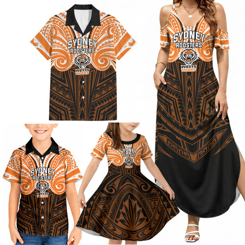 Custom Wests Tigers Family Matching Summer Maxi Dress and Hawaiian Shirt TigerWarrior Polynesia Islander Rugby Mascot