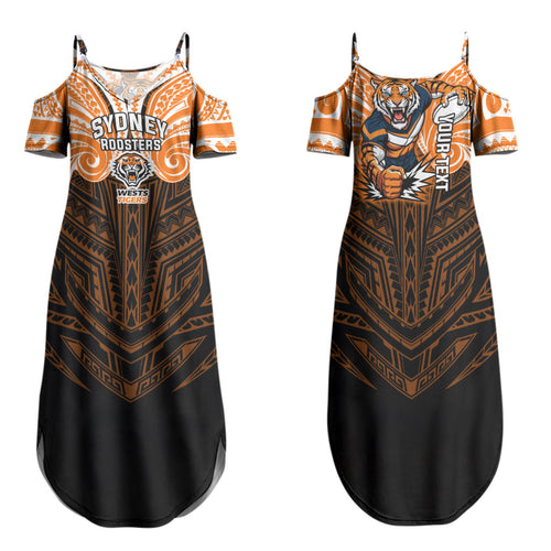 Custom Wests Tigers Family Matching Summer Maxi Dress and Hawaiian Shirt TigerWarrior Polynesia Islander Rugby Mascot