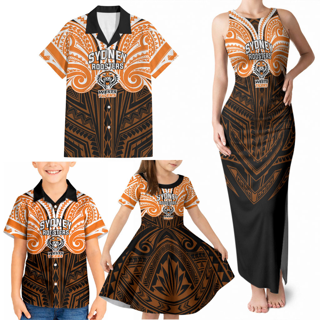 Custom Wests Tigers Family Matching Tank Maxi Dress and Hawaiian Shirt TigerWarrior Polynesia Islander Rugby Mascot