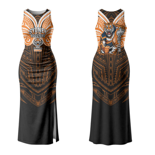 Custom Wests Tigers Family Matching Tank Maxi Dress and Hawaiian Shirt TigerWarrior Polynesia Islander Rugby Mascot