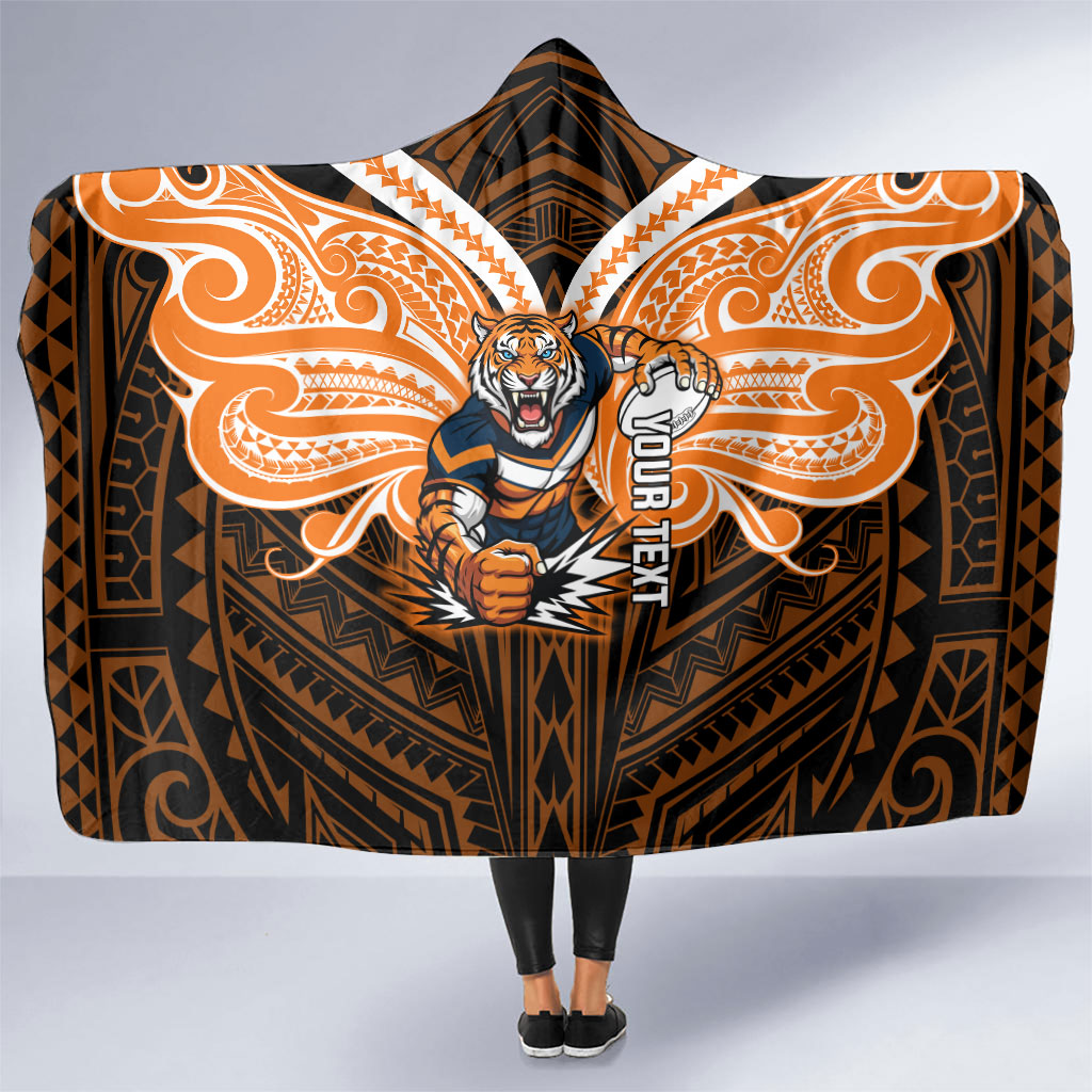 Custom Wests Tigers Hooded Blanket TigerWarrior Polynesia Islander Rugby Mascot