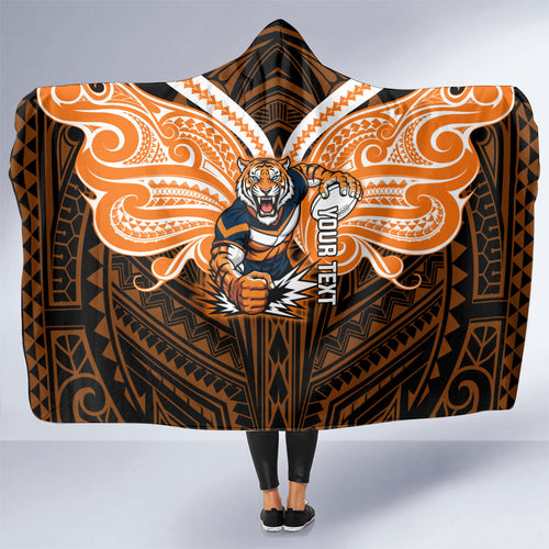 Custom Wests Tigers Hooded Blanket TigerWarrior Polynesia Islander Rugby Mascot