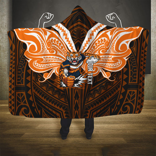 Custom Wests Tigers Hooded Blanket TigerWarrior Polynesia Islander Rugby Mascot