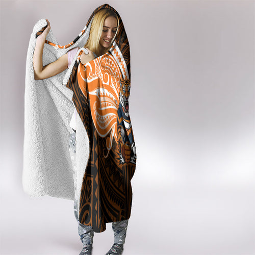 Custom Wests Tigers Hooded Blanket TigerWarrior Polynesia Islander Rugby Mascot