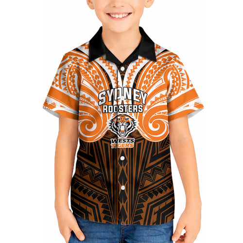 Custom Wests Tigers Kid Hawaiian Shirt TigerWarrior Polynesia Islander Rugby Mascot