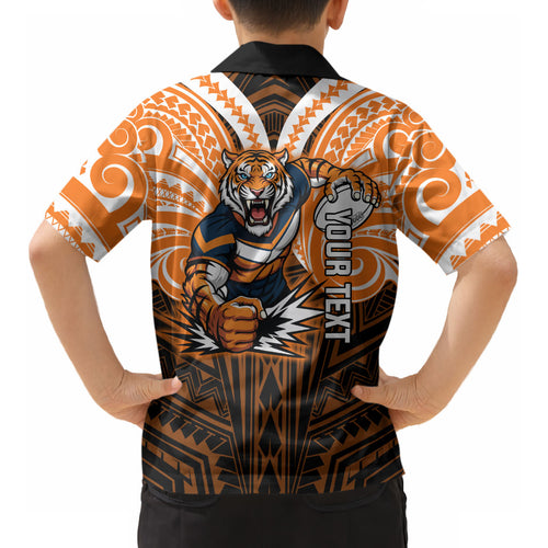 Custom Wests Tigers Kid Hawaiian Shirt TigerWarrior Polynesia Islander Rugby Mascot
