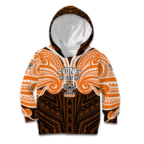 Custom Wests Tigers Kid Hoodie TigerWarrior Polynesia Islander Rugby Mascot