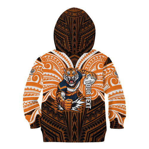 Custom Wests Tigers Kid Hoodie TigerWarrior Polynesia Islander Rugby Mascot
