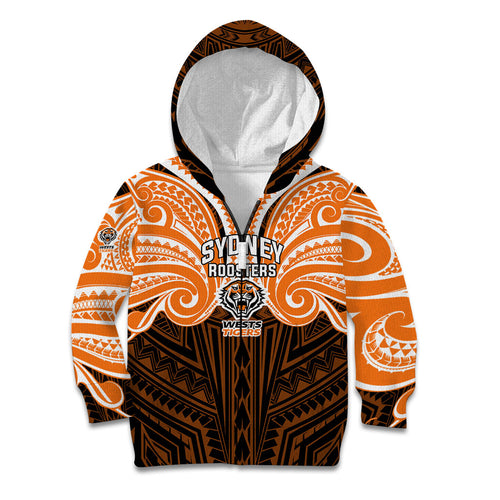 Custom Wests Tigers Kid Hoodie TigerWarrior Polynesia Islander Rugby Mascot