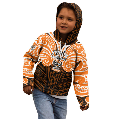 Custom Wests Tigers Kid Hoodie TigerWarrior Polynesia Islander Rugby Mascot