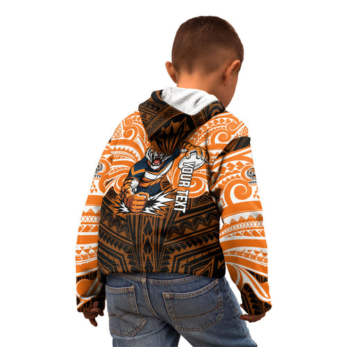 Custom Wests Tigers Kid Hoodie TigerWarrior Polynesia Islander Rugby Mascot