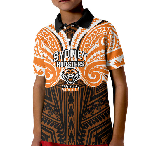 Custom Wests Tigers Kid Polo Shirt TigerWarrior Polynesia Islander Rugby Mascot