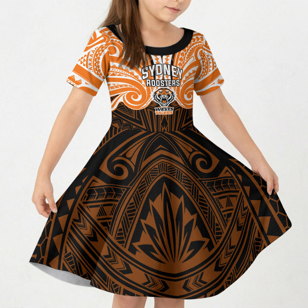 Custom Wests Tigers Kid Short Sleeve Dress TigerWarrior Polynesia Islander Rugby Mascot