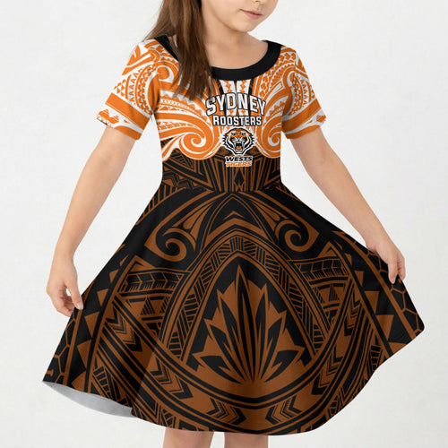Custom Wests Tigers Kid Short Sleeve Dress TigerWarrior Polynesia Islander Rugby Mascot