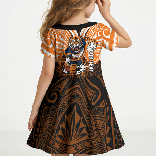 Custom Wests Tigers Kid Short Sleeve Dress TigerWarrior Polynesia Islander Rugby Mascot