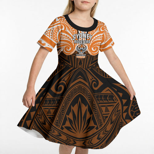 Custom Wests Tigers Kid Short Sleeve Dress TigerWarrior Polynesia Islander Rugby Mascot