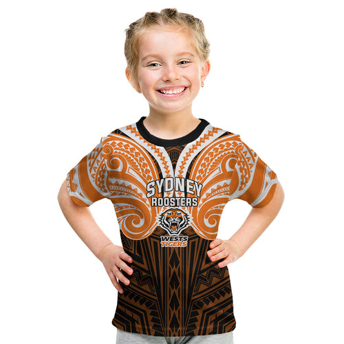 Custom Wests Tigers Kid T Shirt TigerWarrior Polynesia Islander Rugby Mascot