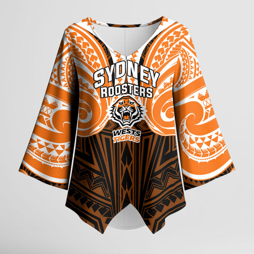 Custom Wests Tigers Kimono Sleeve Blouse TigerWarrior Polynesia Islander Rugby Mascot