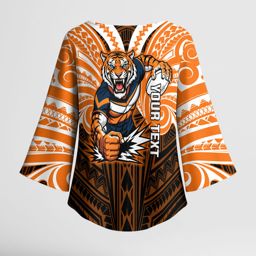 Custom Wests Tigers Kimono Sleeve Blouse TigerWarrior Polynesia Islander Rugby Mascot