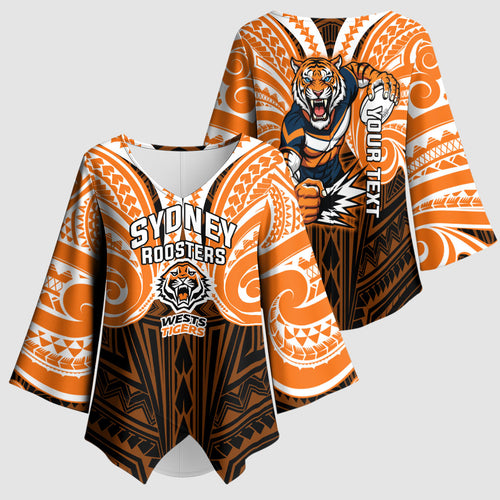 Custom Wests Tigers Kimono Sleeve Blouse TigerWarrior Polynesia Islander Rugby Mascot