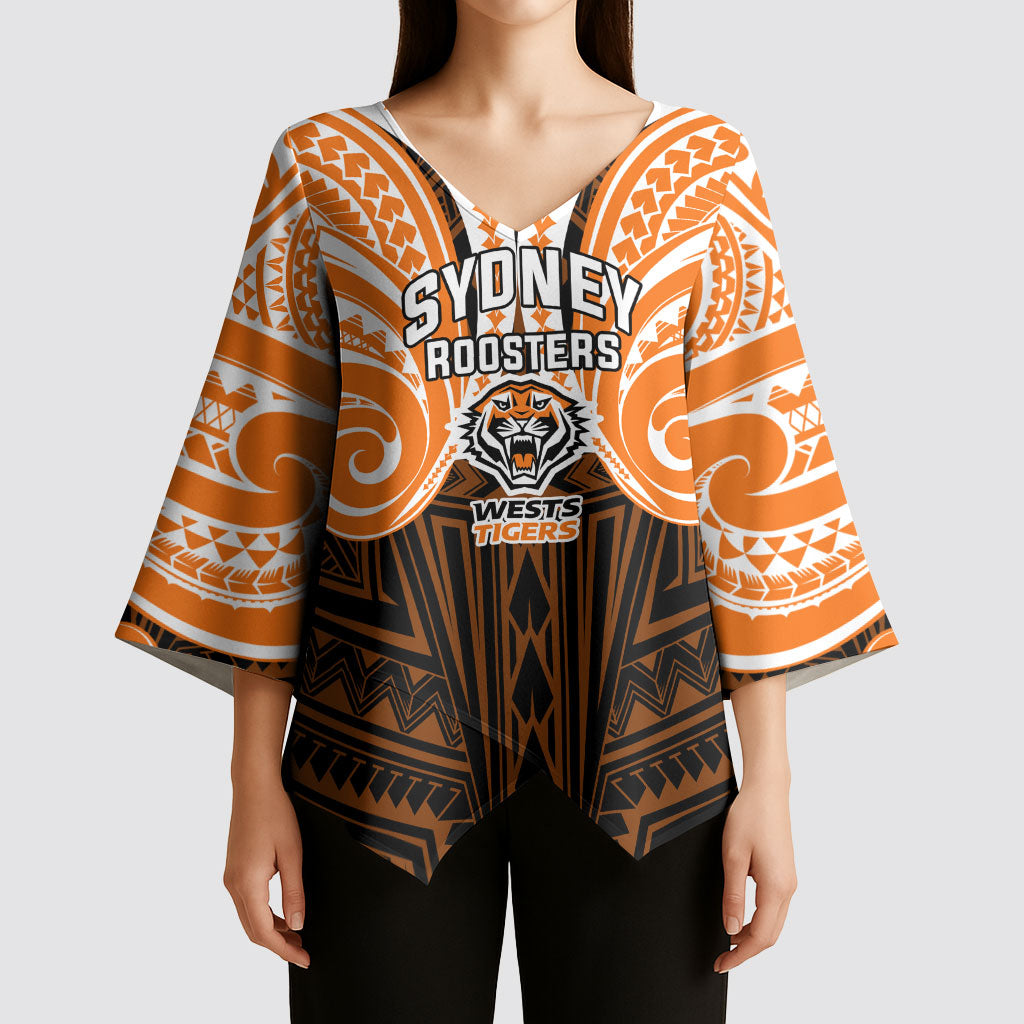Custom Wests Tigers Kimono Sleeve Blouse TigerWarrior Polynesia Islander Rugby Mascot