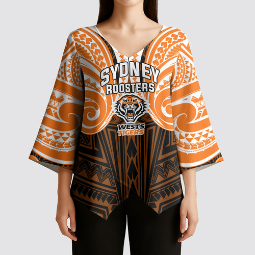 Custom Wests Tigers Kimono Sleeve Blouse TigerWarrior Polynesia Islander Rugby Mascot