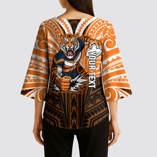 Custom Wests Tigers Kimono Sleeve Blouse TigerWarrior Polynesia Islander Rugby Mascot
