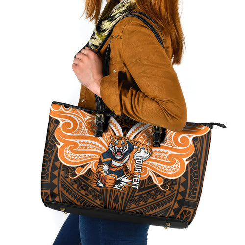 Custom Wests Tigers Leather Tote Bag TigerWarrior Polynesia Islander Rugby Mascot