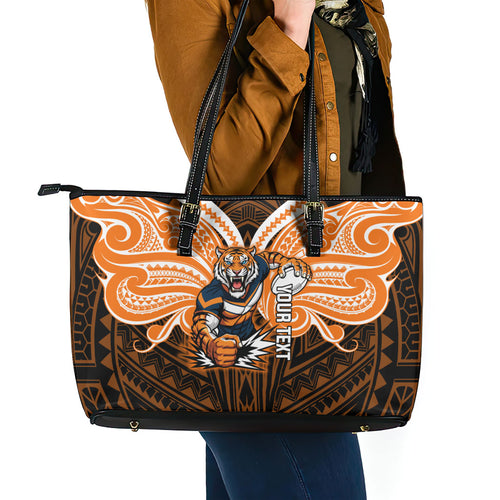 Custom Wests Tigers Leather Tote Bag TigerWarrior Polynesia Islander Rugby Mascot
