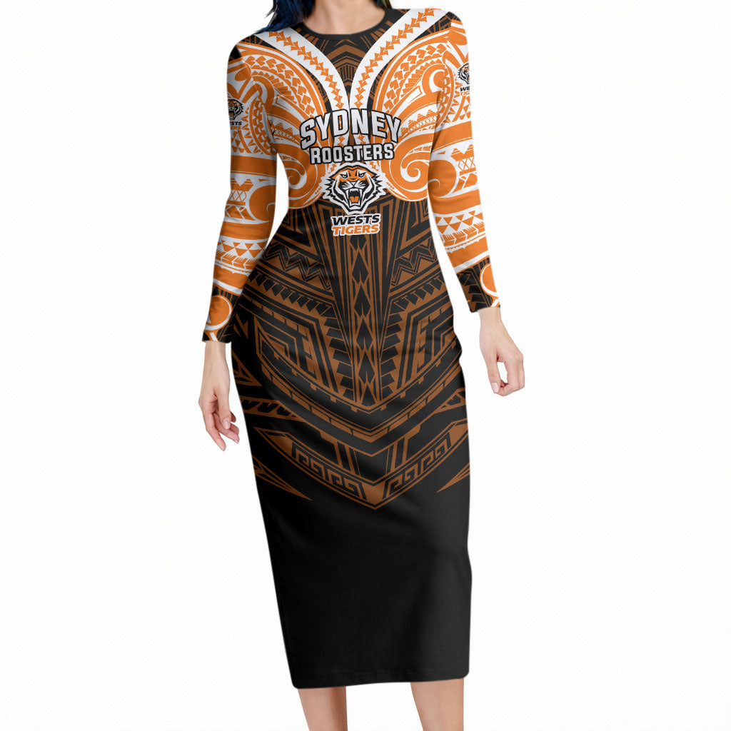 Custom Wests Tigers Long Sleeve Bodycon Dress TigerWarrior Polynesia Islander Rugby Mascot
