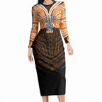 Custom Wests Tigers Long Sleeve Bodycon Dress TigerWarrior Polynesia Islander Rugby Mascot