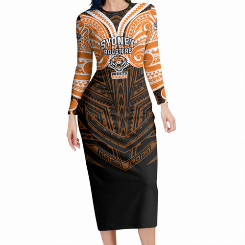 Custom Wests Tigers Long Sleeve Bodycon Dress TigerWarrior Polynesia Islander Rugby Mascot