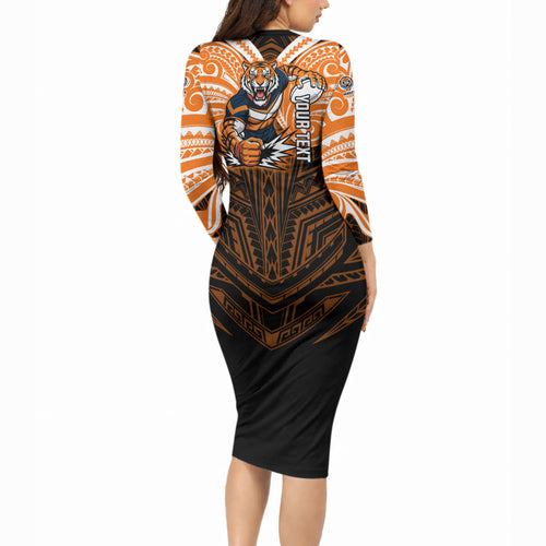 Custom Wests Tigers Long Sleeve Bodycon Dress TigerWarrior Polynesia Islander Rugby Mascot