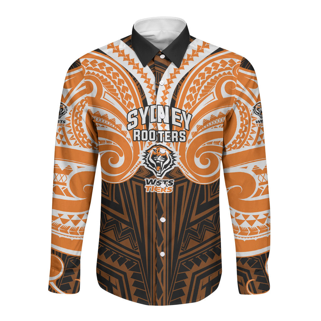 Custom Wests Tigers Long Sleeve Button Shirt TigerWarrior Polynesia Islander Rugby Mascot