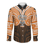 Custom Wests Tigers Long Sleeve Button Shirt TigerWarrior Polynesia Islander Rugby Mascot