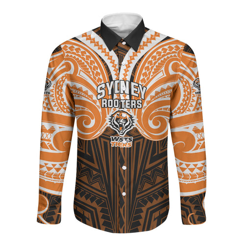 Custom Wests Tigers Long Sleeve Button Shirt TigerWarrior Polynesia Islander Rugby Mascot