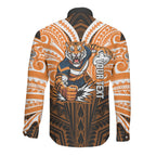 Custom Wests Tigers Long Sleeve Button Shirt TigerWarrior Polynesia Islander Rugby Mascot