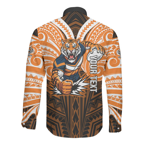 Custom Wests Tigers Long Sleeve Button Shirt TigerWarrior Polynesia Islander Rugby Mascot