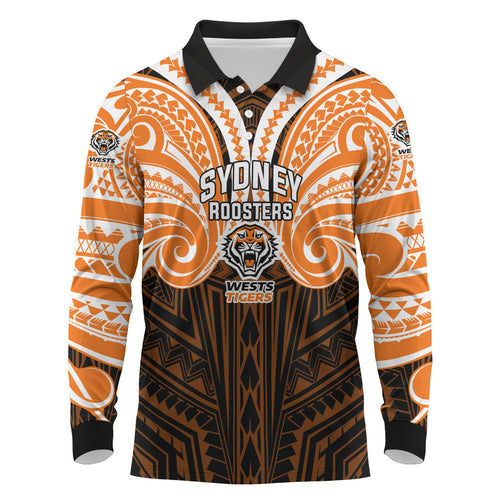Custom Wests Tigers Long Sleeve Polo Shirt TigerWarrior Polynesia Islander Rugby Mascot