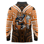 Custom Wests Tigers Long Sleeve Polo Shirt TigerWarrior Polynesia Islander Rugby Mascot