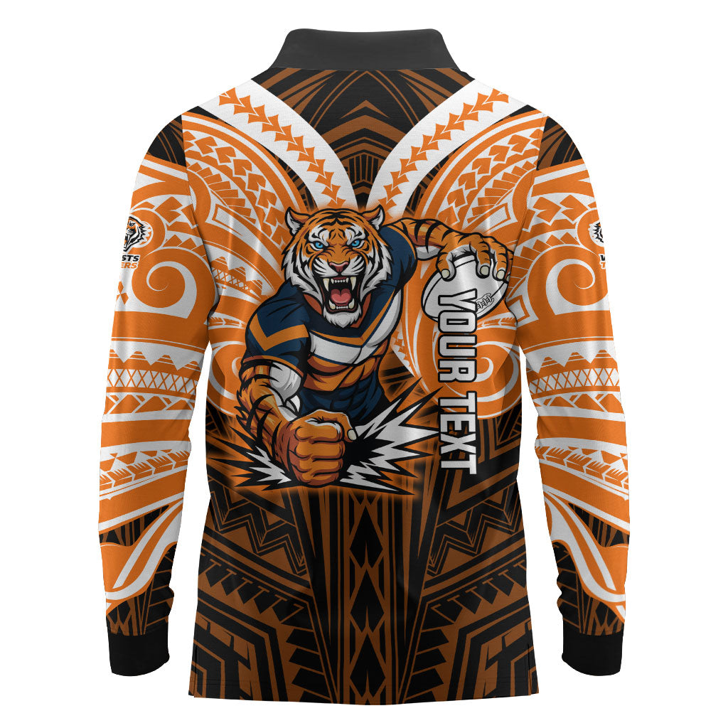 Custom Wests Tigers Long Sleeve Polo Shirt TigerWarrior Polynesia Islander Rugby Mascot
